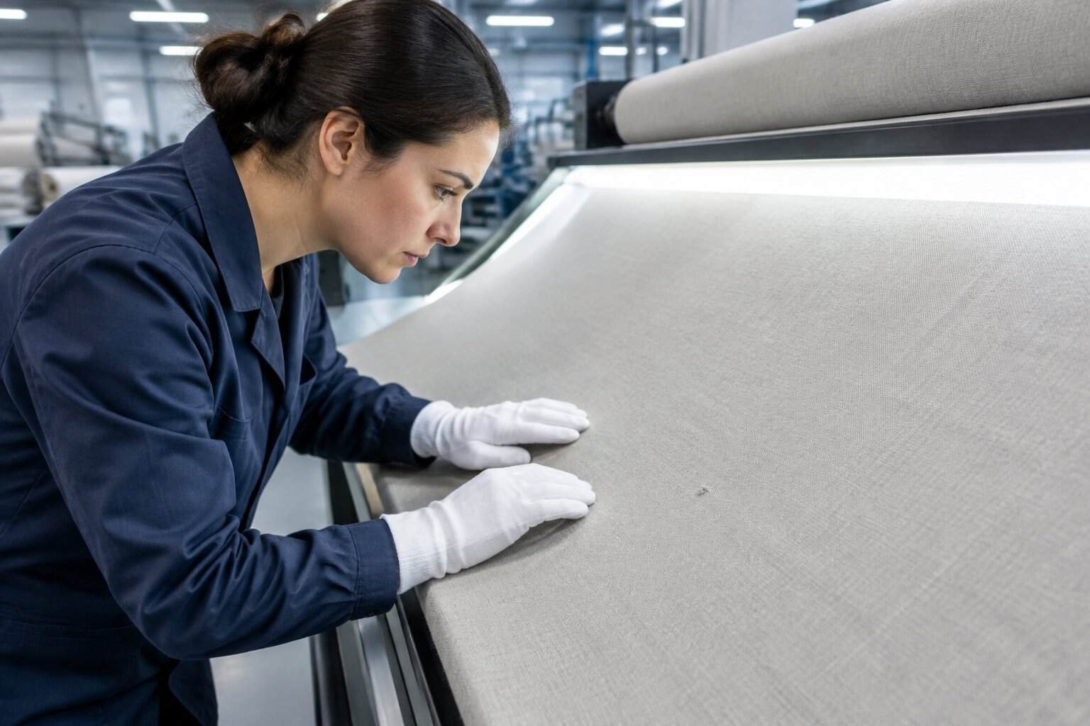 How Can You Ensure FR Fabric Quality Control? Inspection, Grading, and Testing 1 A technician examines fabric on an inspection table in a textile facility.
