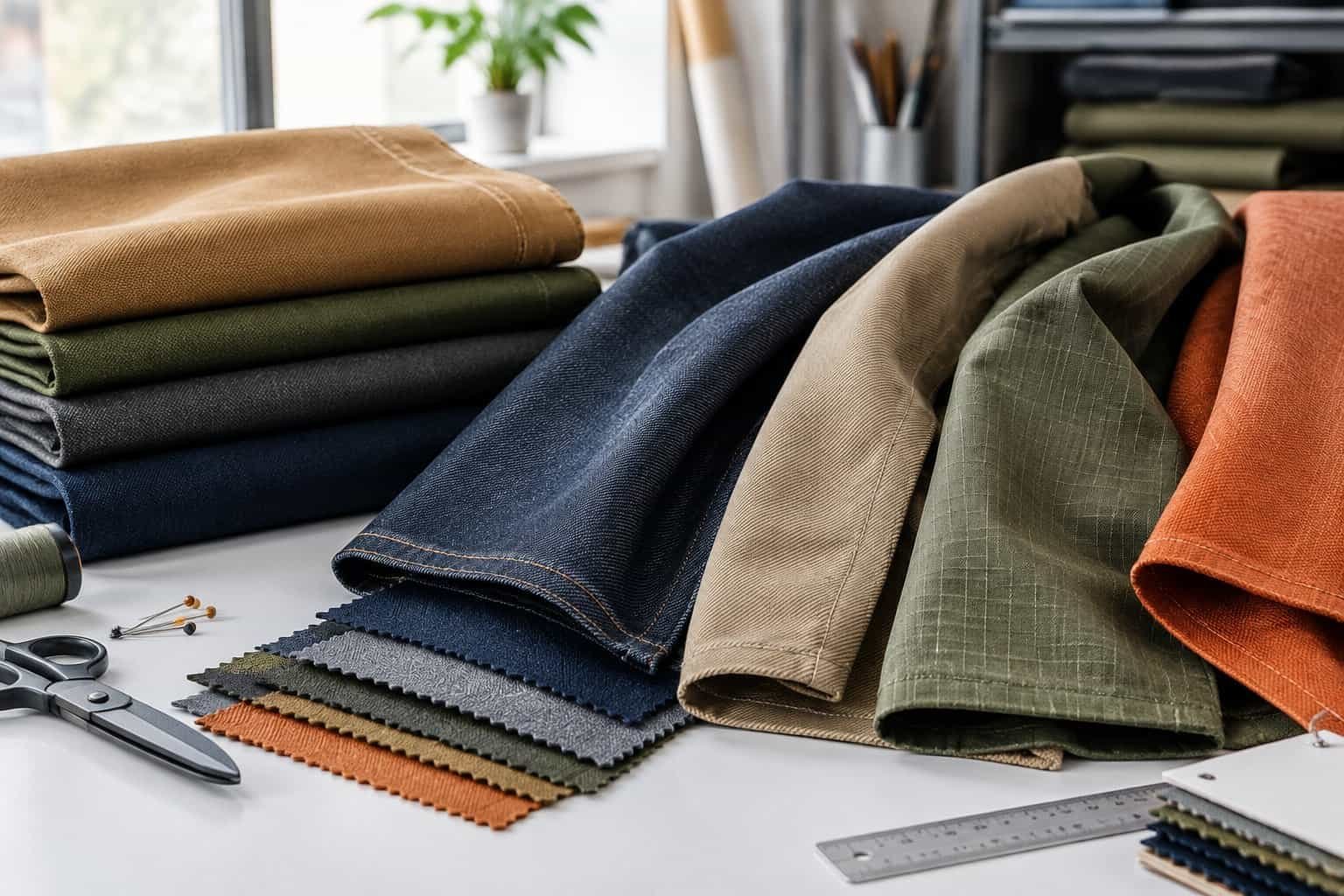 What Material Can Be Used as Workwear Fabric? Materials, Performance, and Buying Guide 1 Folded and draped workwear fabric samples arranged on a table.