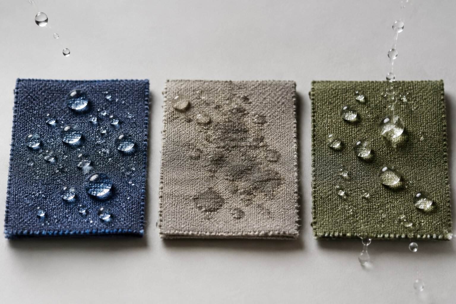 Waterproof vs. Water Resistant vs. Water Repellent Fabric: Guide 1 Three fabric swatches show different ways water interacts with their surfaces.