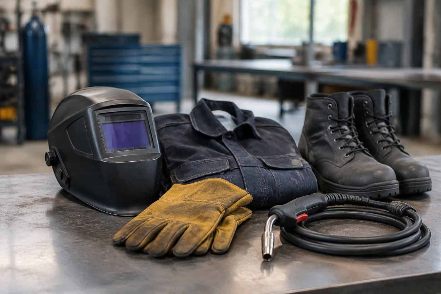 Welding helmet, gloves, protective clothing, boots, and a torch arranged in a workshop.