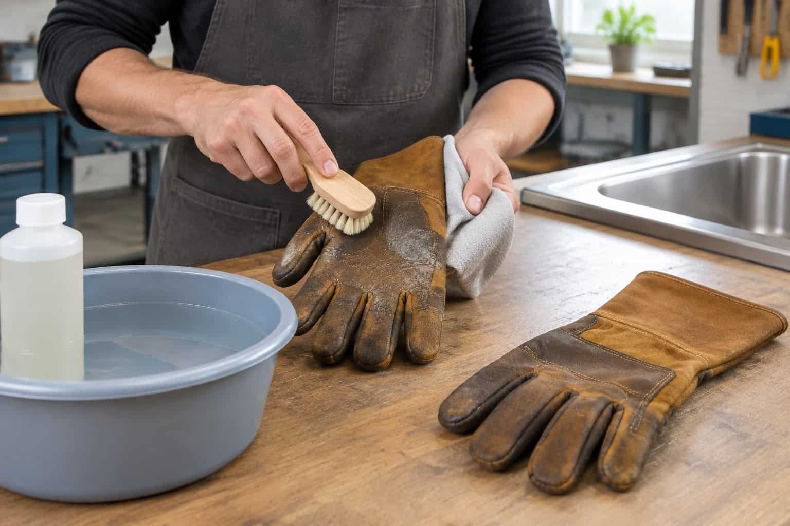 How to Clean Welding Gloves? Safe Care and Maintenance 1 A worker gently cleans a leather welding glove with a soft brush and damp cloth.