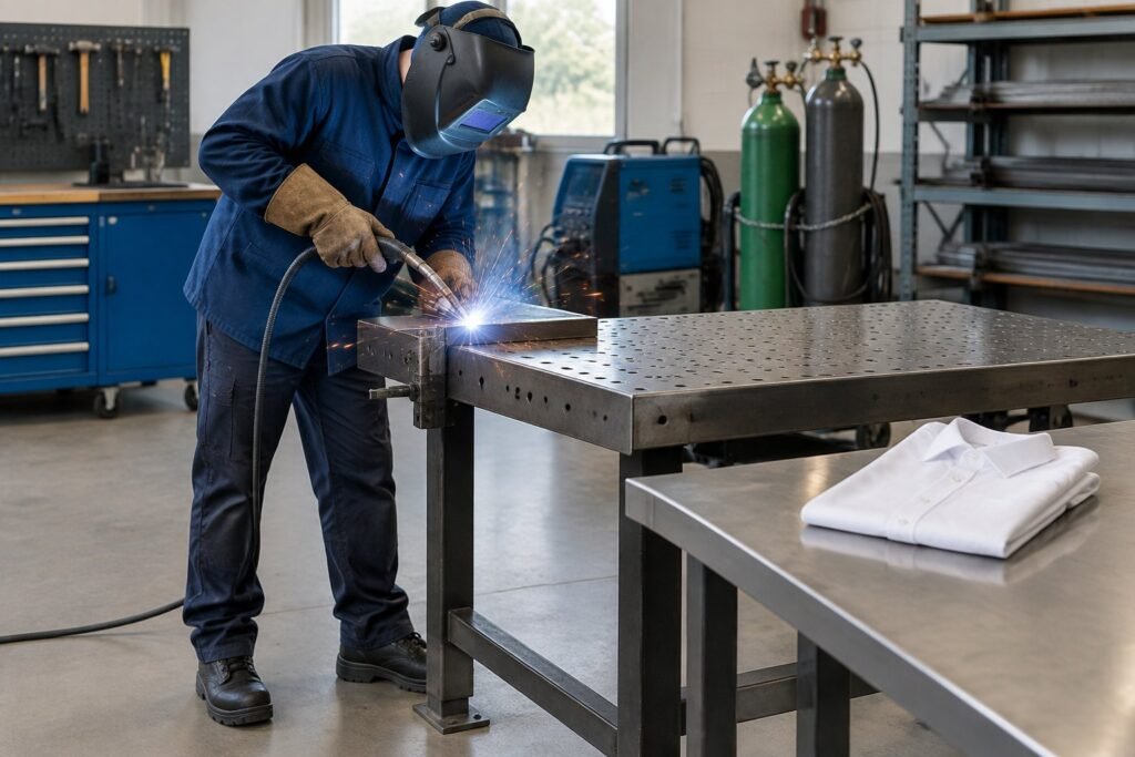 A welder in protective gear works at a metal bench beside a folded cotton shirt.