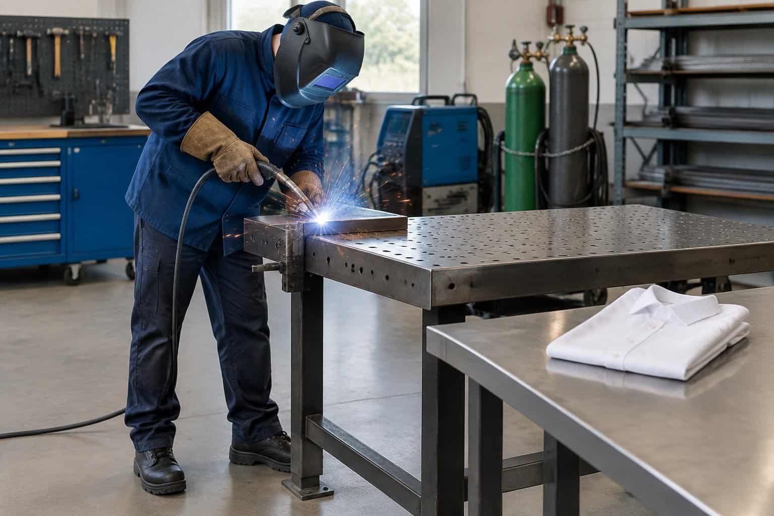 A welder in protective gear works at a metal bench beside a folded cotton shirt.