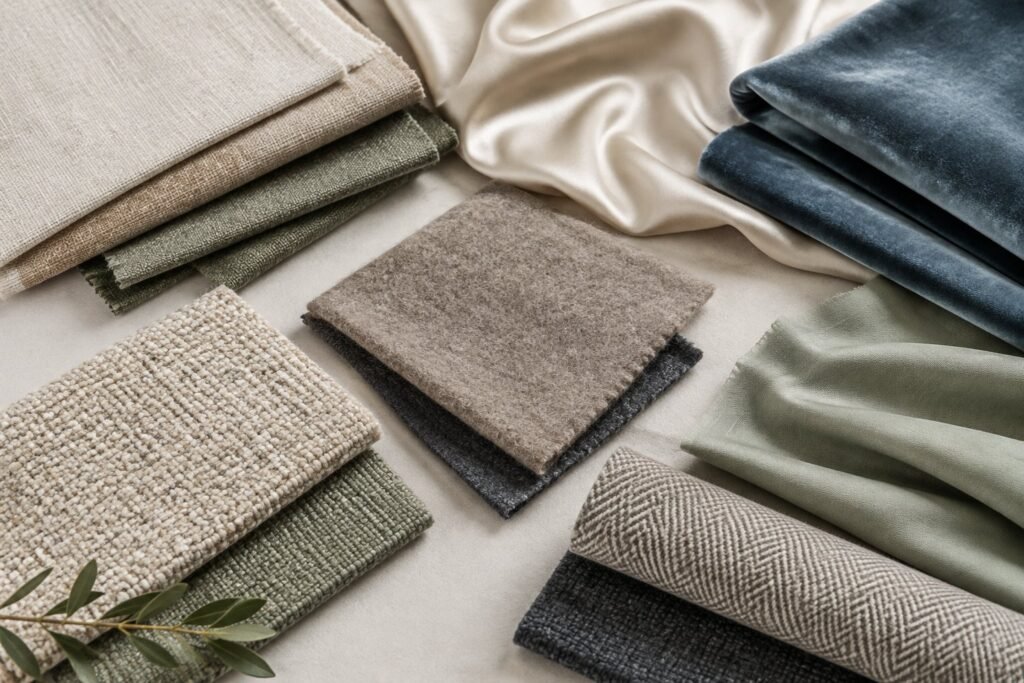 A selection of fabric swatches in different colors and textures arranged on a surface.