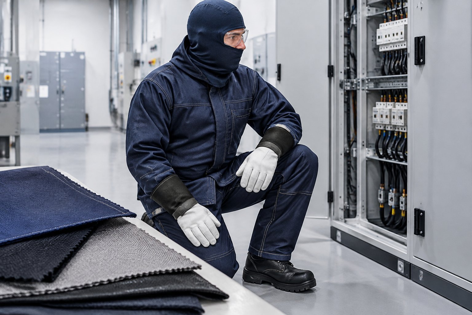 An electrical worker wearing protective clothing beside an electrical panel, with fabric samples nearby.