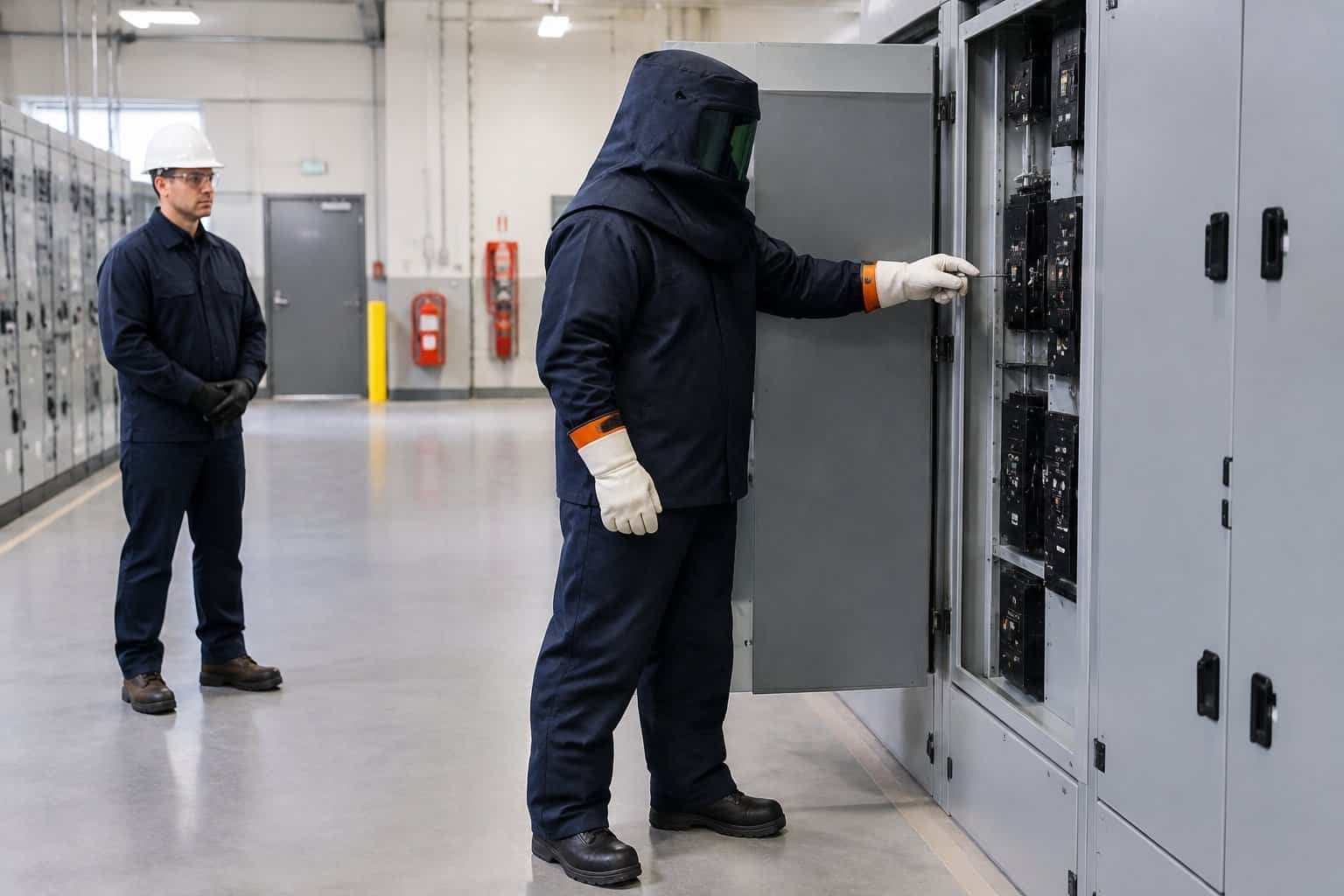 What Are Arc Flash Suit Uses? Applications and PPE Selection 1 An electrical worker in an arc flash suit inspects an industrial electrical cabinet.