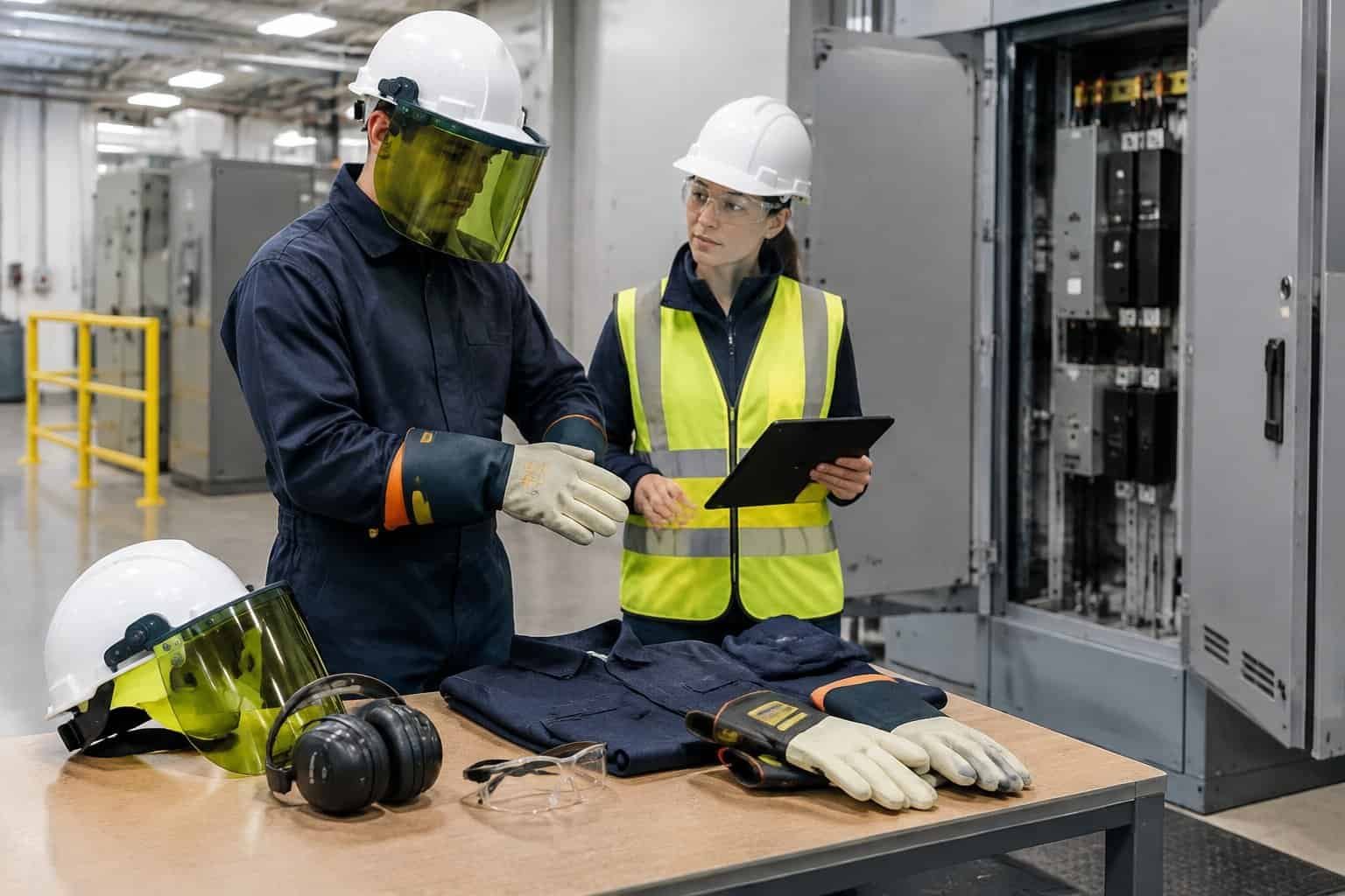 An electrical worker selects protective clothing and equipment beside a de-energized electrical panel.
