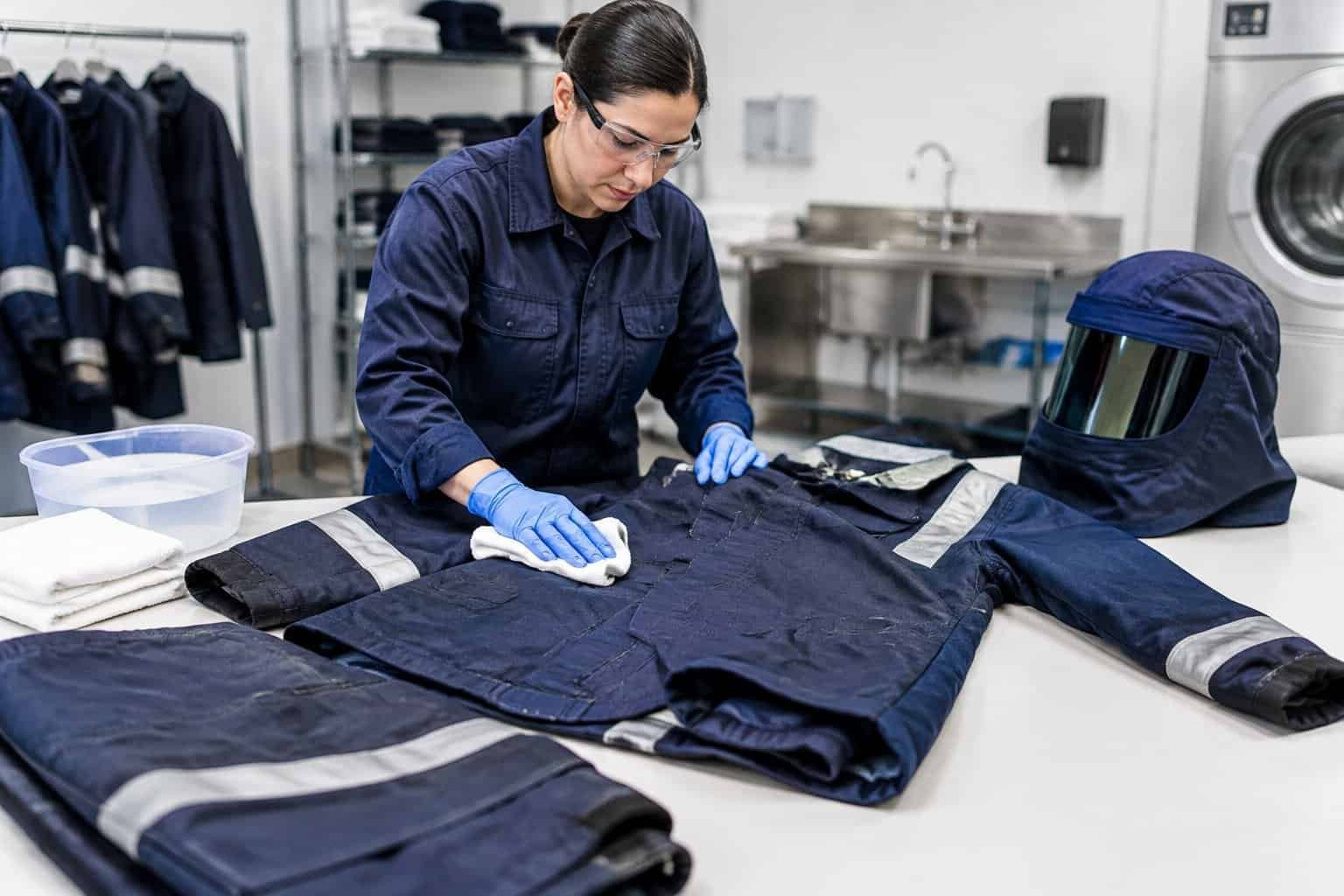 A worker carefully cleans an arc flash jacket and trousers on a work surface.