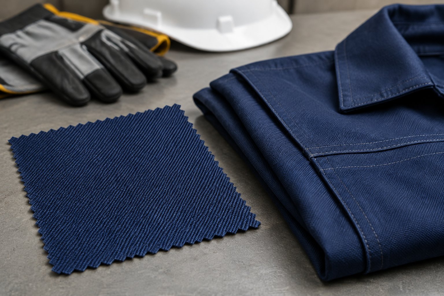 A piece of protective fabric beside folded workwear on a workbench.