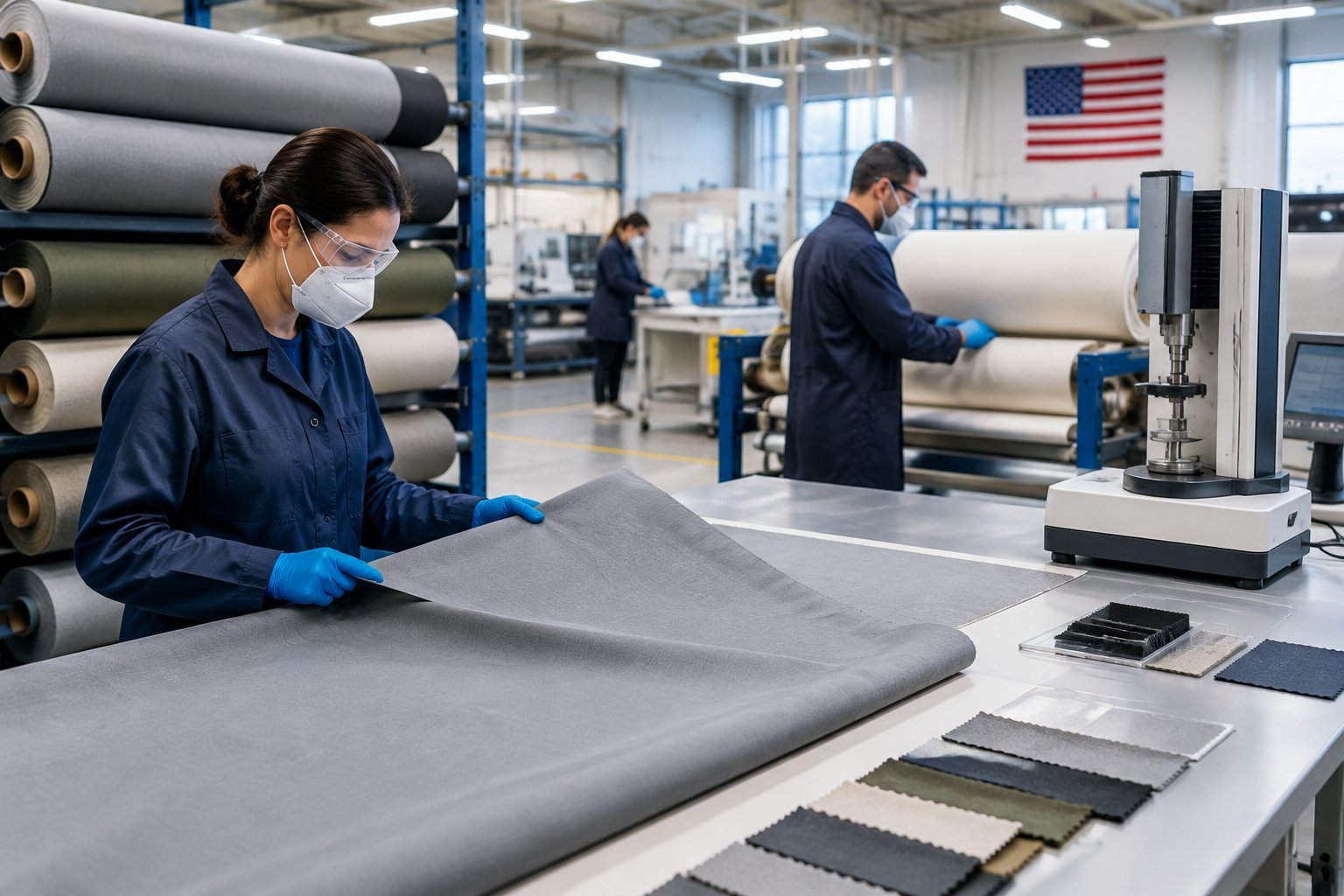 Workers inspect rolls of protective fabric in a textile manufacturing facility.