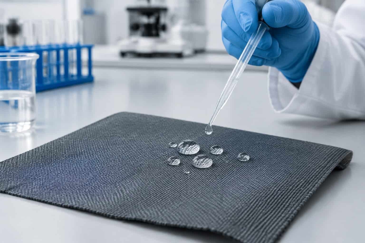 What is Chemical Resistant Fabric? A Buyer's Selection Guide 1 A gloved technician places droplets on a piece of protective fabric.