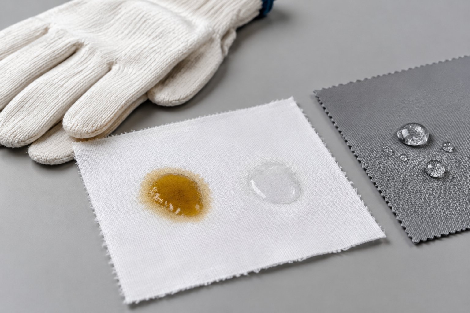 A white cotton swatch and gloves beside droplets of oil and clear liquid, next to a coated material swatch.