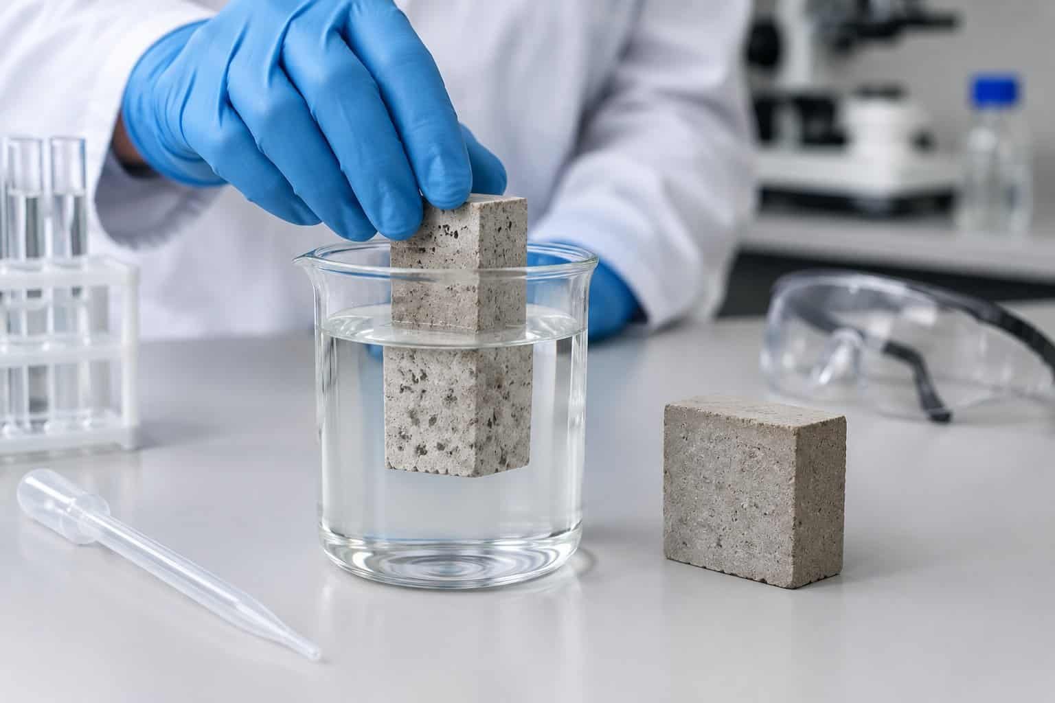 A gloved researcher tests a concrete sample in a glass container of alkaline solution.