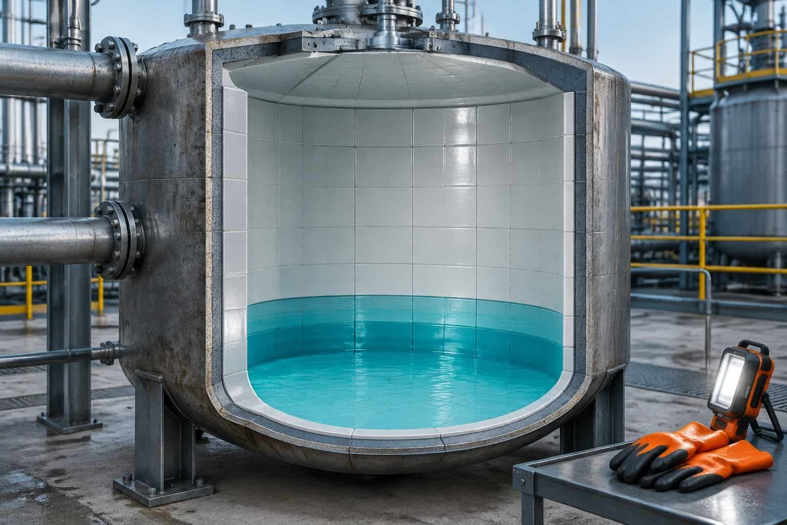 A cutaway chemical tank shows protective lining covering its interior walls and floor.