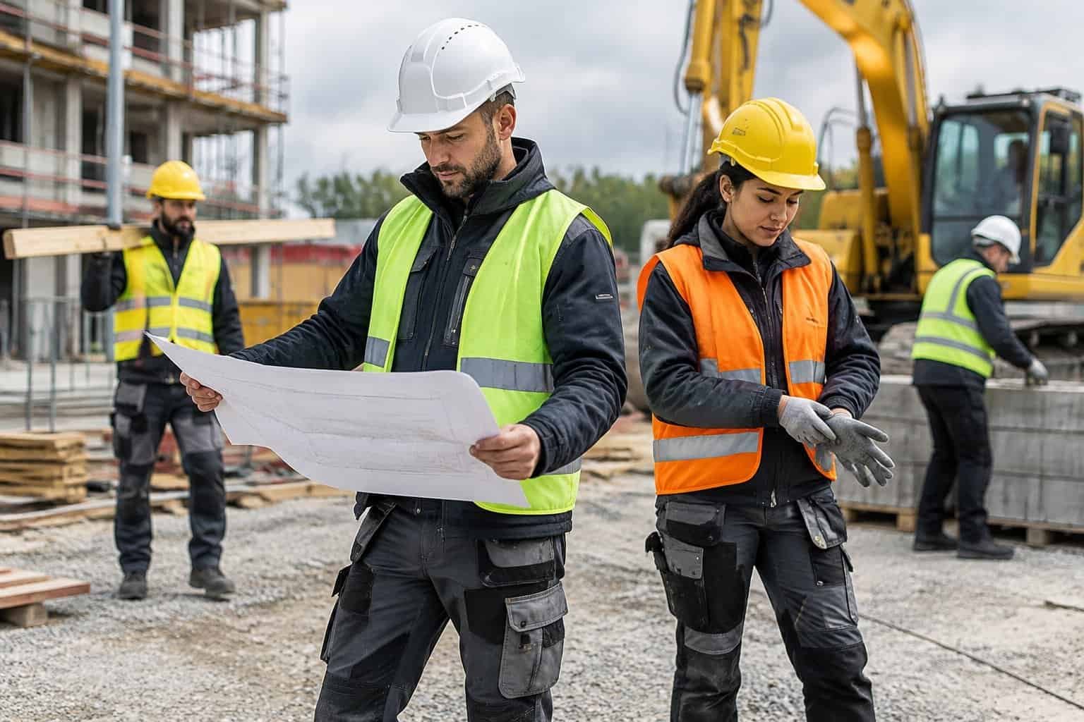 Construction workers wearing protective clothing at a building site.