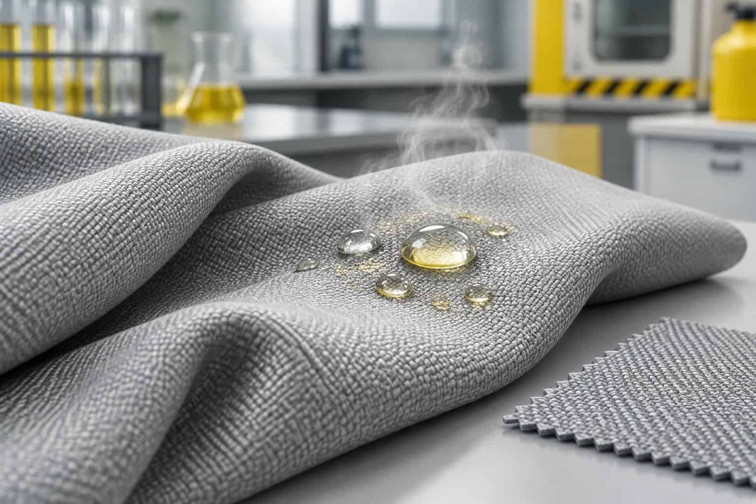 Acid Resistant Fabric: Materials, Testing, and Selection 1 A folded protective fabric with liquid droplets resting on its surface.
