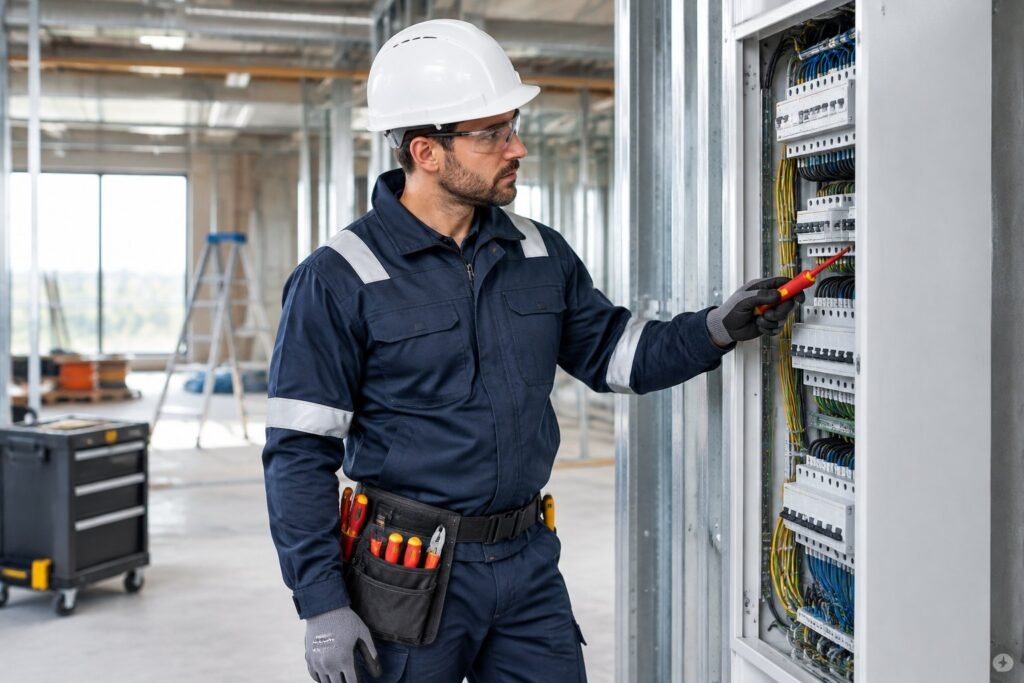 An electrician in workwear inspects an electrical panel.