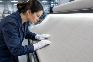 A technician examines fabric on an inspection table in a textile facility.