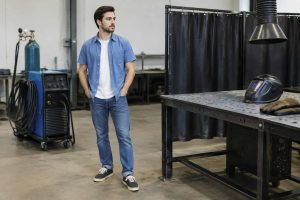 A worker in short sleeves, loose clothing, and sneakers stands beside a welding station.