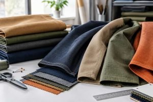 Folded and draped workwear fabric samples arranged on a table.