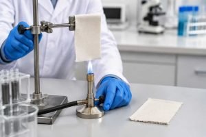 A researcher tests a cotton fabric swatch near a small laboratory flame.