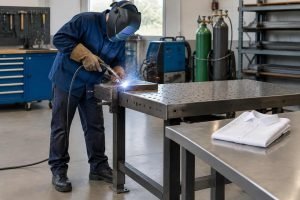 A welder in protective gear works at a metal bench beside a folded cotton shirt.