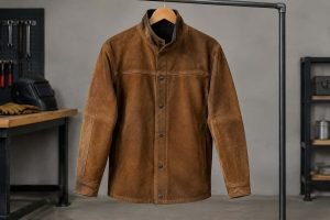 A protective welding jacket hangs on a hanger in a workshop.