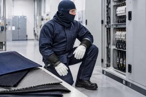 An electrical worker wearing protective clothing beside an electrical panel, with fabric samples nearby.