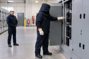 An electrical worker in an arc flash suit inspects an industrial electrical cabinet.