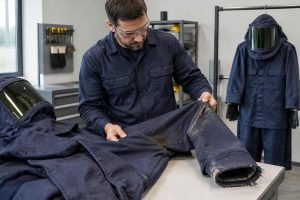 A safety professional inspects a worn arc flash suit beside a replacement suit.