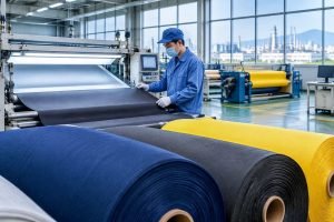 A worker inspects rolls of protective fabric inside a textile factory.