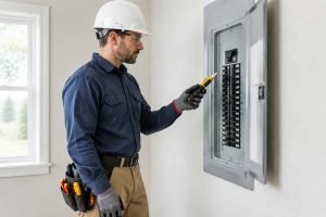 An electrician wearing protective work clothes and safety gear inspects an electrical panel.
