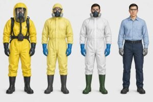 Four emergency responders wearing different levels of chemical-protective clothing.