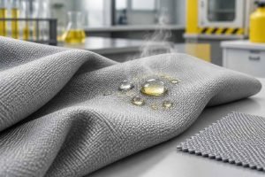 A folded protective fabric with liquid droplets resting on its surface.